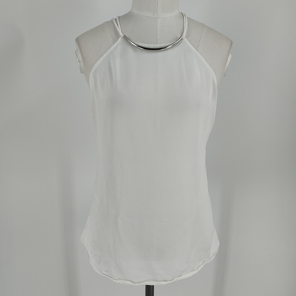 White Halter Neck Sleeveless Top with Silver Accent